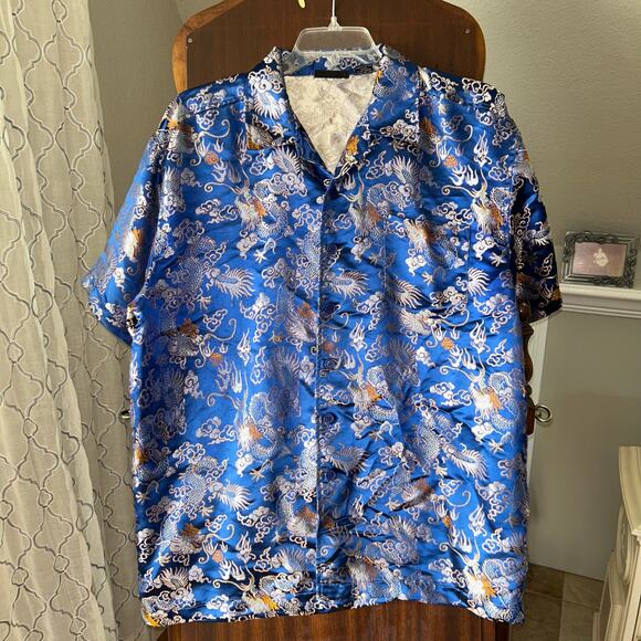 Vintage Anchor Blue Dragon Rayon Button Down Short Sleeve Shirt Men’s Y2K XL - Picture 1 of 8